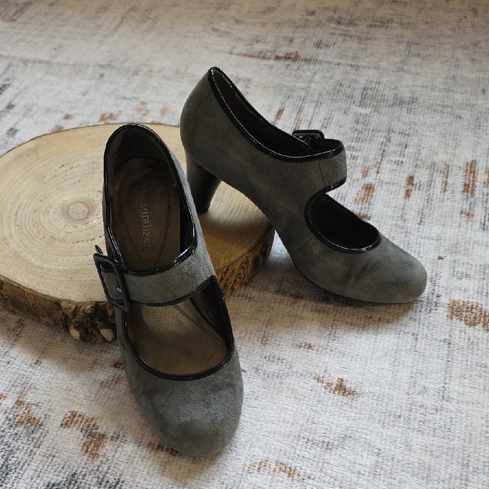 Naturalizer Dancing Mary Jane Pumps Gray Suede Patent Black Leather Trim Women 7